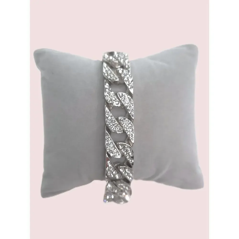 Miami Cuban Link Chain Bracelet Silver Rhinestone Iced Out Chunky Bling Unisex
